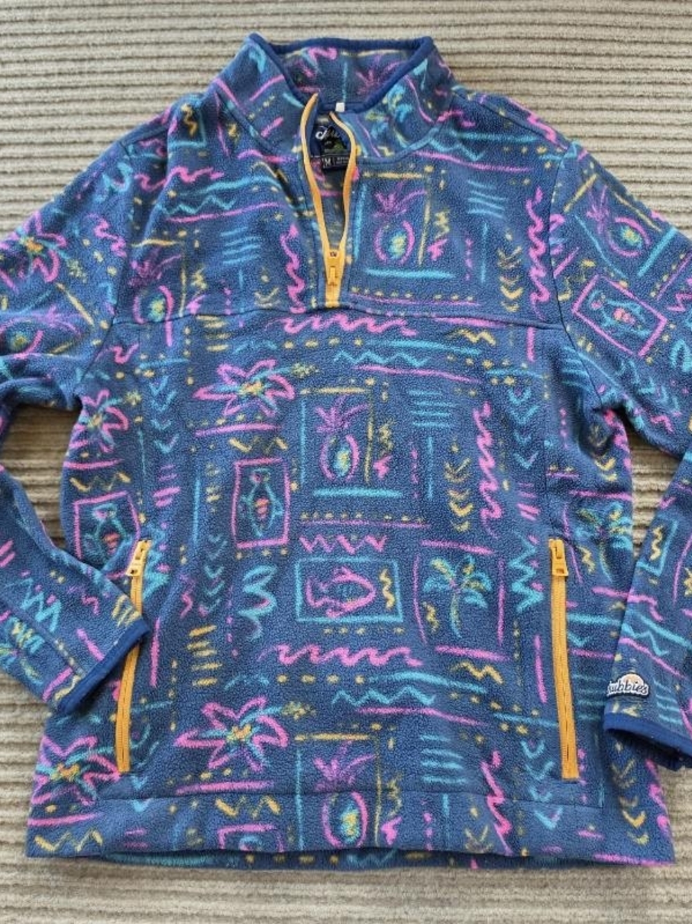Chubbies Fleece Pullover Mens Medium Blue Neon Tropical Palm Tree 1/4 Zip Jacket